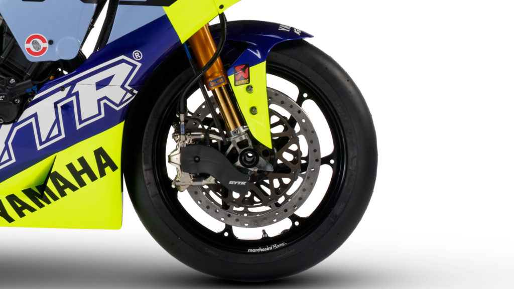 The front end of the Yamaha R1 GYTR VR46 Tribute track day motorcycle. Photo courtesy Yamaha Motor Europe.