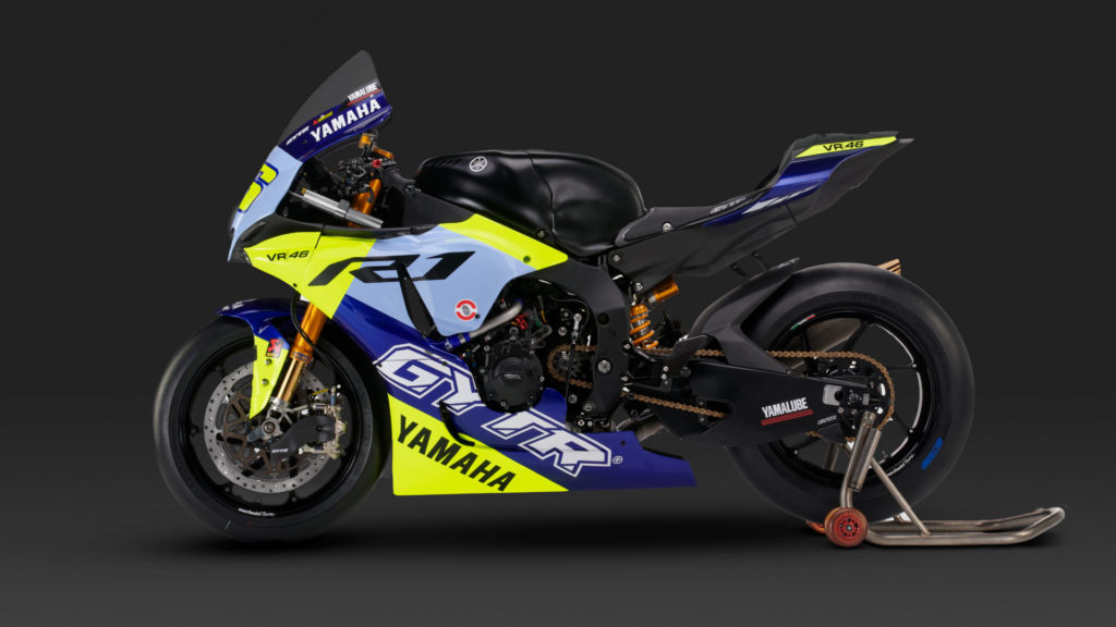 The R1 GYTR VR46 Tribute track day motorcycle Yamaha created as a gift for Valentino Rossi. Photo courtesy Yamaha Motor Europe.