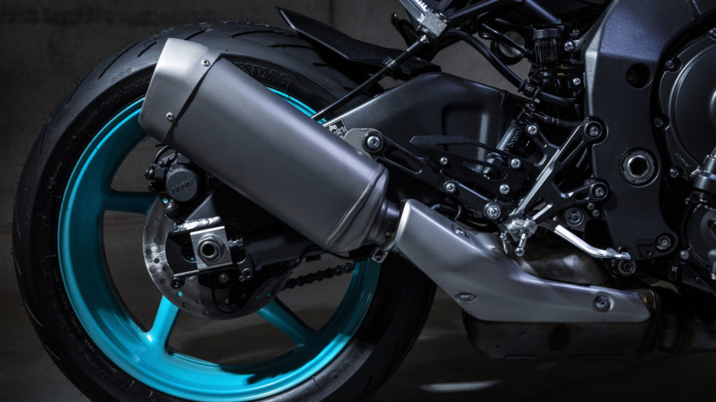 The 2022 Yamaha MT-10 comes with a new titanium exhaust system. Photo courtesy Yamaha Motor Europe.