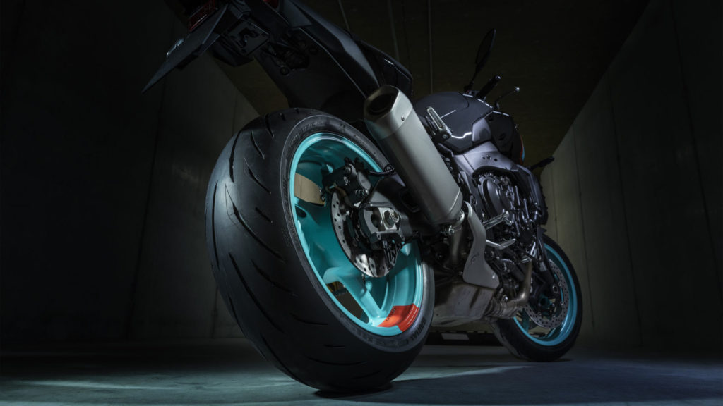 The MT-10 comes fitted with Bridgestone Battlax Hypersport S22 tires. Photo courtesy Yamaha Motor Europe.