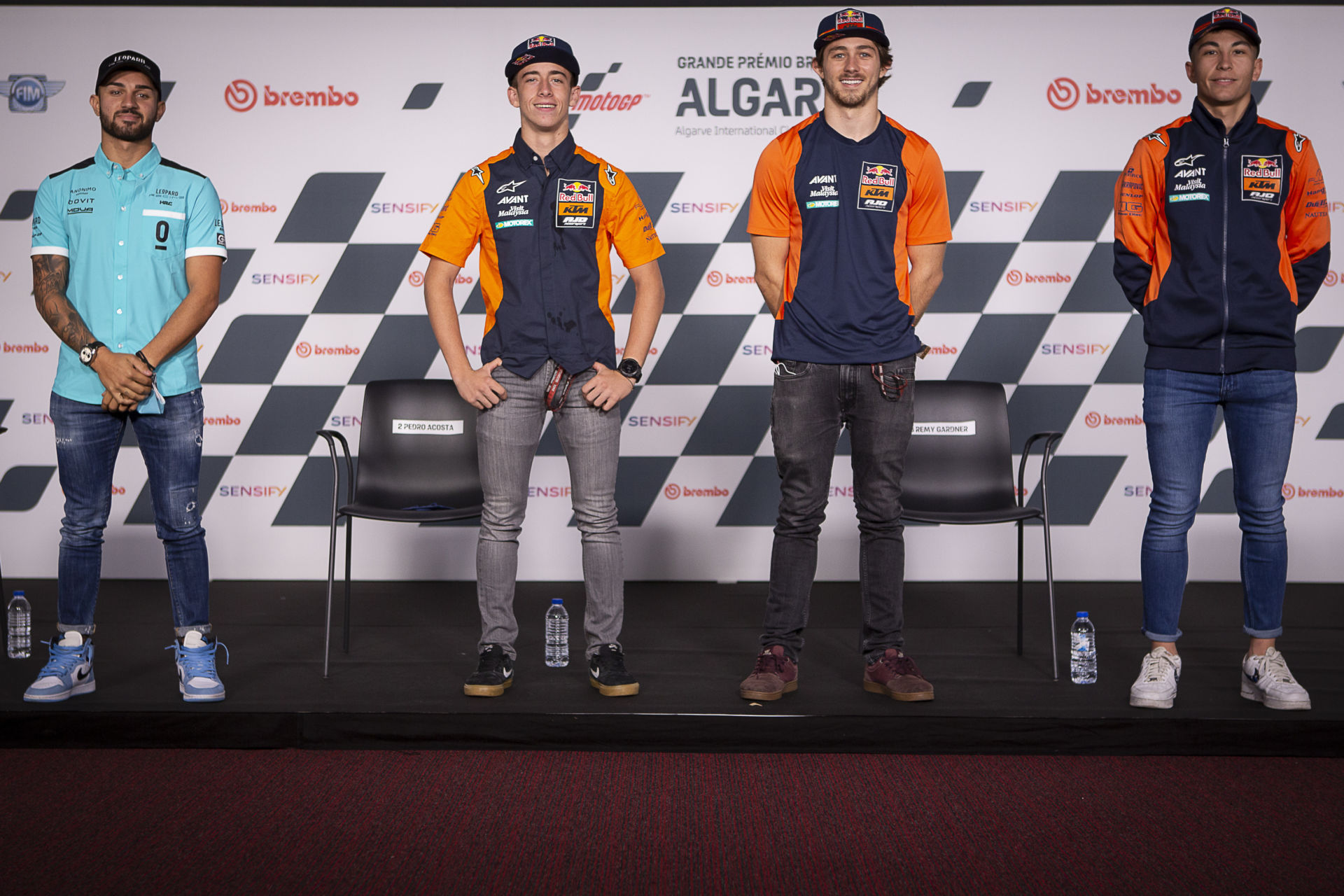 Moto2 title contenders Remy Gardner (second from right) and Raul Fernandez (far right) with Moto3 title contenders Pedro Acosta (second from left) and Dennis Foggia (far left) in Portugal. Photo courtesy Dorna.