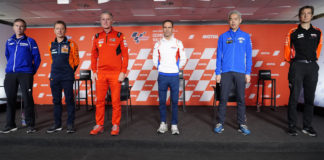 MotoGP factory team leaders (from left): Lin Jarvis (Managing Director of Yamaha Motor Racing & Team Principal of Monster Energy Yamaha MotoGP), Mike Leitner (Red Bull KTM Race Manager), Paolo Ciabatti (Ducati Corse Sporting Director), Alberto Puig (Repsol Honda Team Manager), Shinichi Sahara (Project Leader and Team Manager of Team Suzuki ECSTAR), and Massimo Rivola (CEO Aprilia Racing) at Valencia. Photo courtesy Dorna.