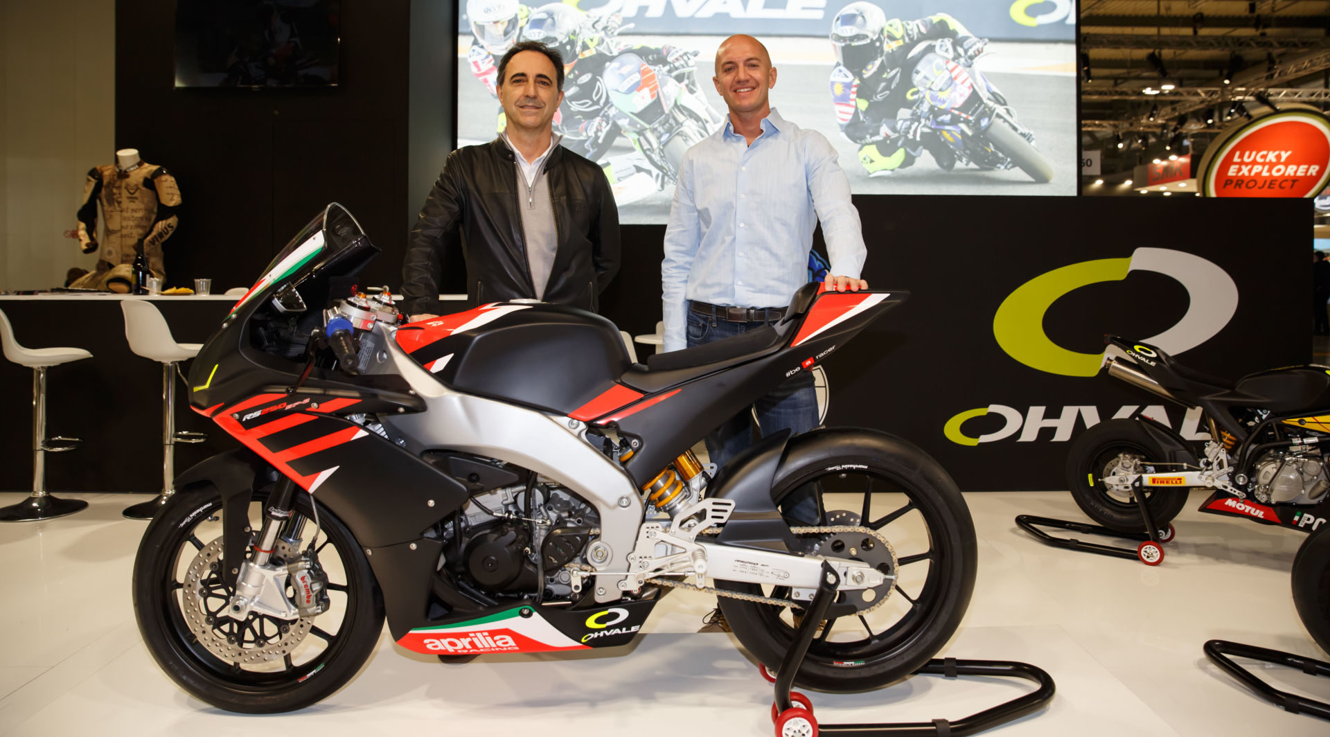 Aprilia Racing Technical Director Romano Albesiano (left) with Rise Moto CEO Brandon Cretu (right). Photo courtesy Dorna.
