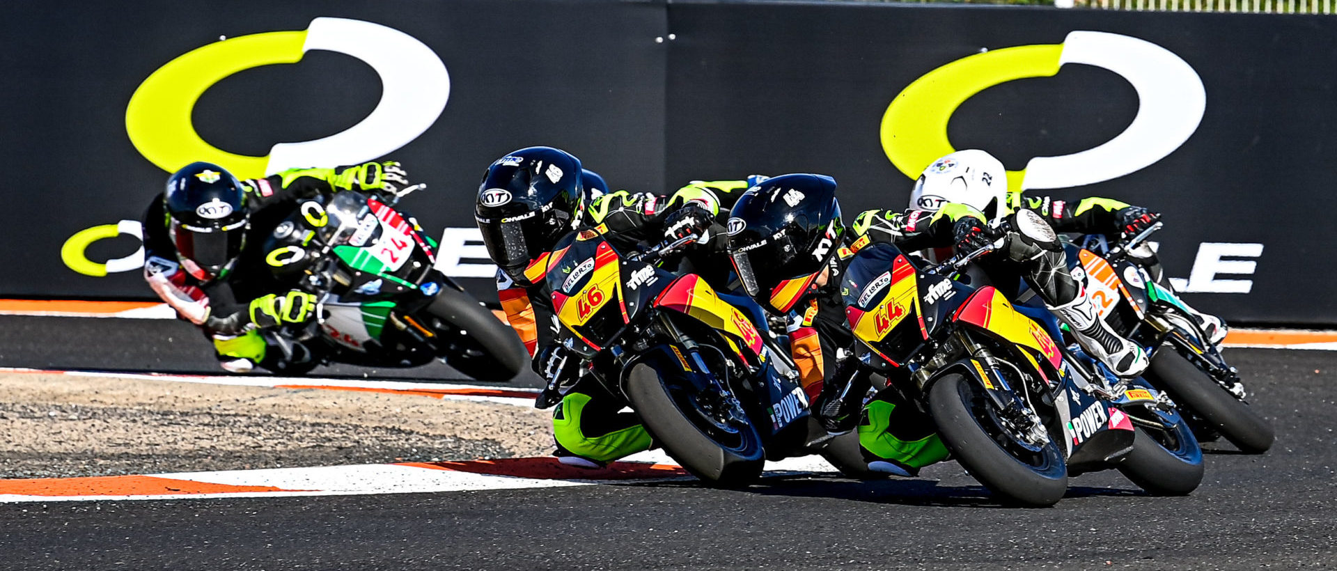 Pablo Olivares-Rodriguez (46), Izan Rodriguez-Alvarez (44), Josh O'Brien (22, behind Rodriguez-Alvarez), Cristian Borrelli (24), and others battle for the lead of a MiniGP World Final race at Valencia. Rodriguez-Alvarez won every race Thursday and the inaugural MiniGP World Series Championship. Photo courtesy Dorna.