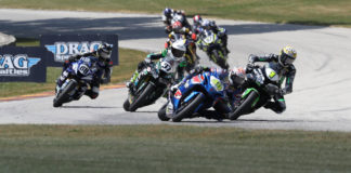 The MotoAmerica Supersport class has featured very close racing, as seen here at Road America in 2021 when Sean Dylan Kelly (40), Richie Escalante (1), Stefano Mesa (37), and Benjamin Smith (88) contested the lead. Photo by Brian J. Nelson.