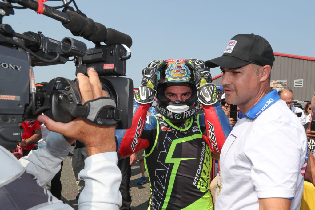 Chris Ulrich (right) with 2021 MotoAmerica Supersport Champion Sean Dylan Kelly. Photo by Brian J. Nelson.