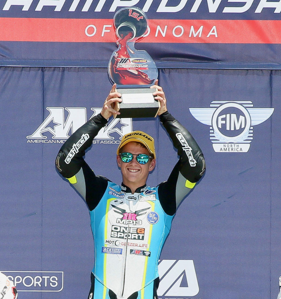 Cory Ventura, who competed for MP13 Racing in 2018 (shown here after winning Junior Cup Race Two at Sonoma Raceway), is returning to the team for the 2022 MotoAmerica season and will be aboard an MP13 Racing Yamaha YZF-R7 in Twins Cup. Photo by Brian J. Nelson, courtesy MP13 Racing.