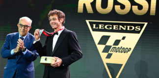 Dorna CEO Carmelo Ezpeleta (left) presents Valentino Rossi (right) with his MotoGP Legends medal. Photo courtesy Dorna.