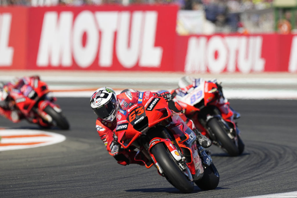 Francesco Bagnaia (63) leads Jorge Martin (89) and Jack Miller (43) at Valencia. Photo courtesy Dorna.