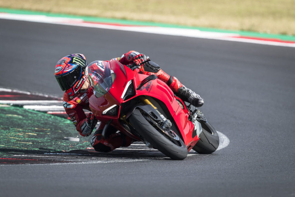 Francesco Bagnaia at speed on a 2022-model Ducati Panigale V4. Photo courtesy Ducati.