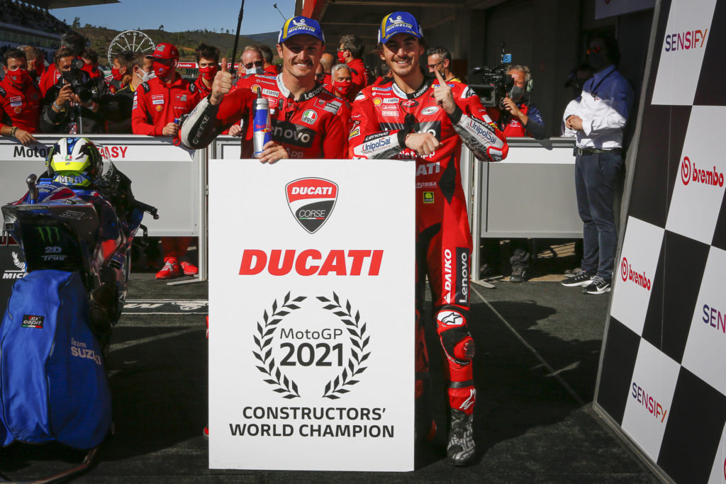 Francesco Bagnaia's (right) victory and Jack Miller's (left) podium finish clinched the MotoGP Constructors' World Championship for Ducati. Photo courtesy Dorna.