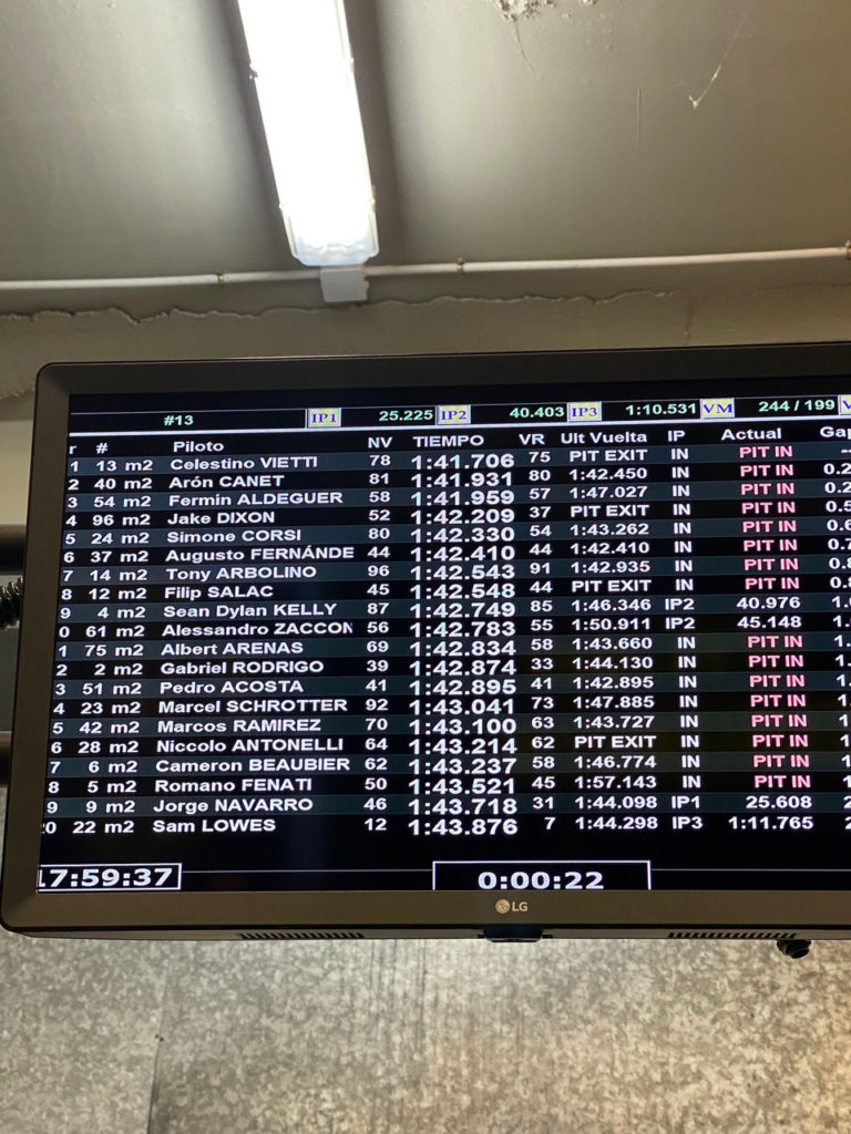 The timing and scoring screen at the end of the day Monday at Jerez. 