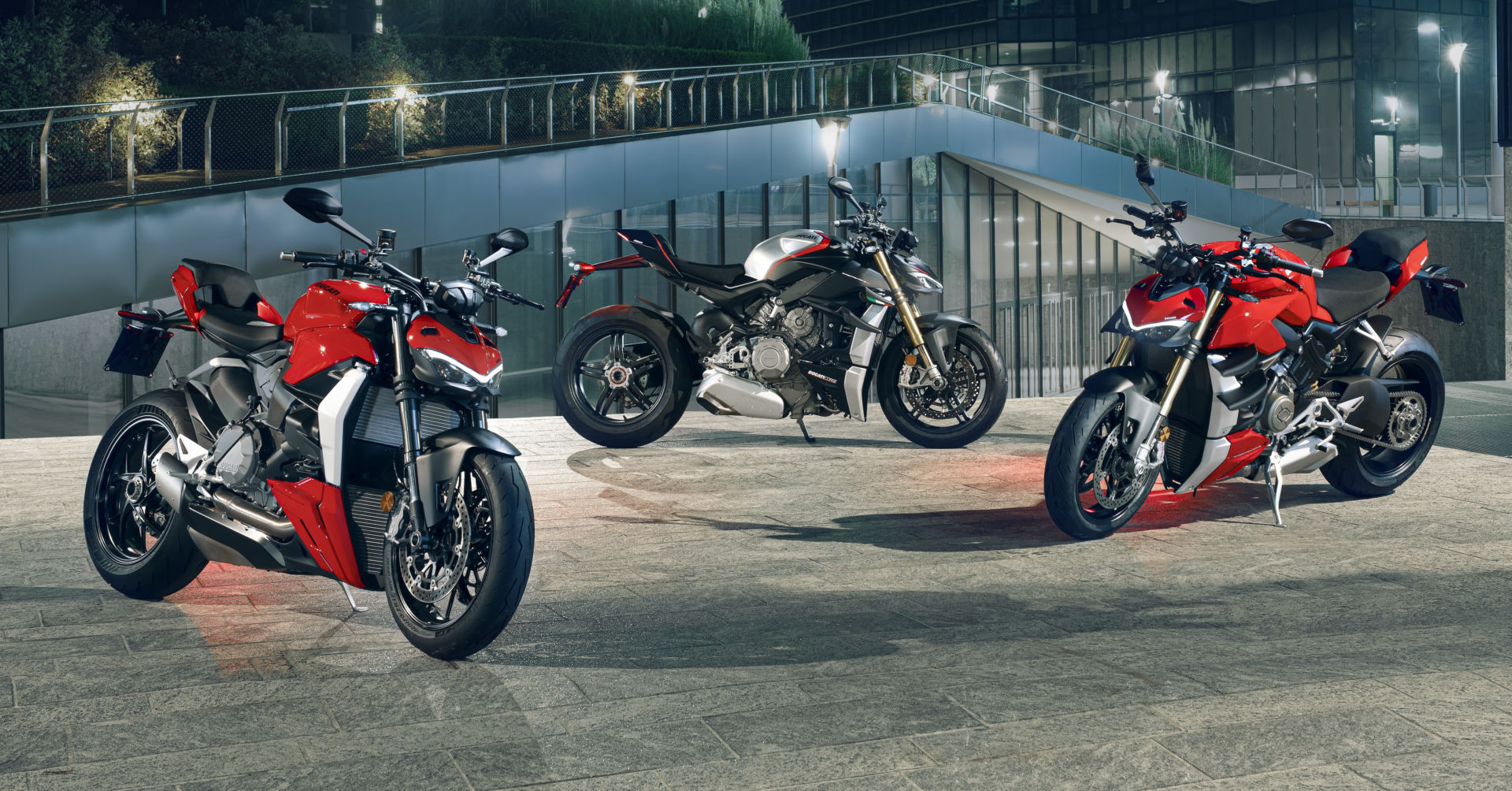 The 2022 Ducati Streetfighter family: The Streetfighter V2 (left), the Streetfighter V4 SP (center), and the Streetfighter V4 S (right). Photo courtesy Ducati.