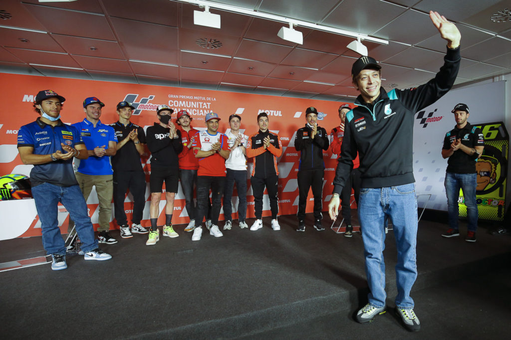 Many MotoGP riders came to Thursday's press conference to honor Valentino Rossi. Photo courtesy Dorna.