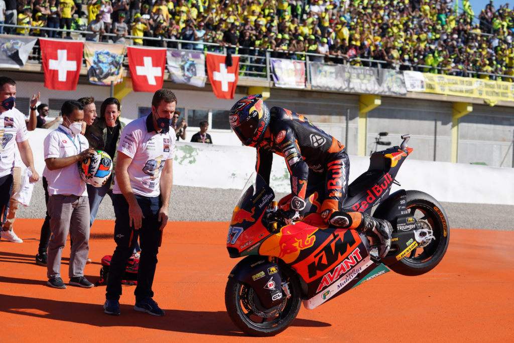 Remy Gardner stops on the cool-down lap to celebrate his Moto2 World Championship. Photo courtesy Dorna.
