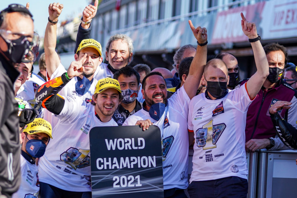 Remy Gardner, the 2021 Moto2 World Champion, with his team in parc ferme. Photo courtesy Dorna.