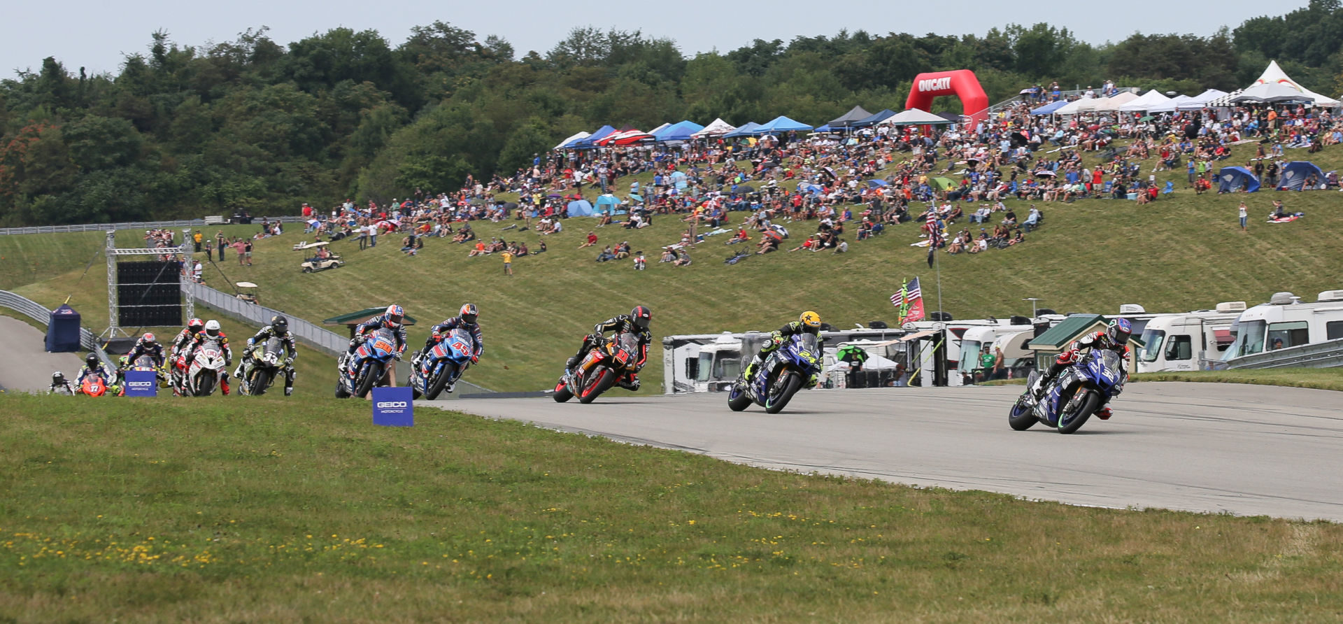 The start of MotoAmerica Superbike Race Two at Pittsburgh International Race Complex. Photo by Brian J. Nelson.