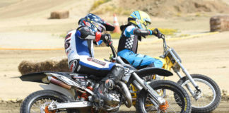 Racer Travis Horn (foreground) at speed on a set of Dunlop DT4 dirt track tires. Photo by DW Media, courtesy Dunlop.