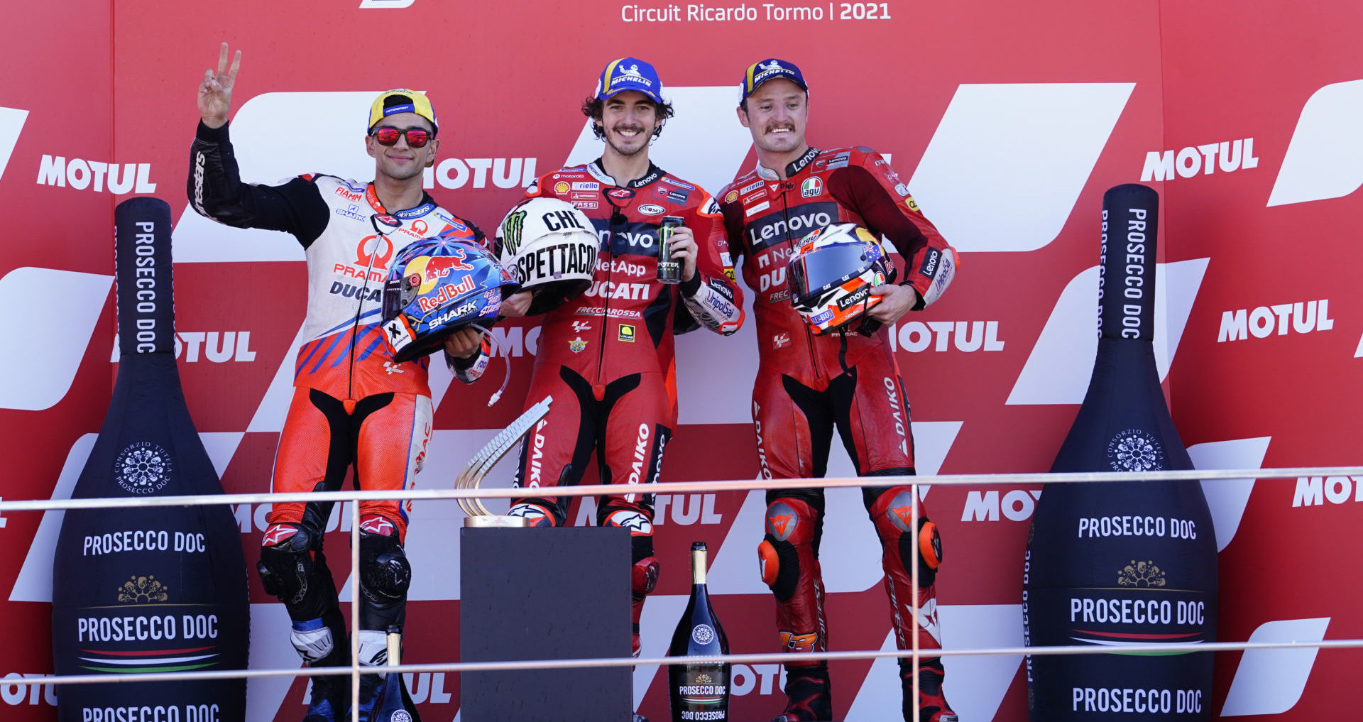 Ducati swept the MotoGP podium at the 2021 season finale at Valencia with Francesco Bagnaia (center) winning, Jorge Martin (left) taking the runner-up spot, and Jack Miller (right) placing third. Photo courtesy Dorna.