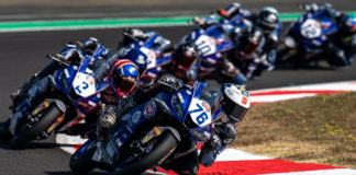 Julian Giral (76) and Iker Garcia Abella (2) lead a group of Yamaha R3 bLU cRU European Cup riders during the 2021 season. Photo courtesy Yamaha.