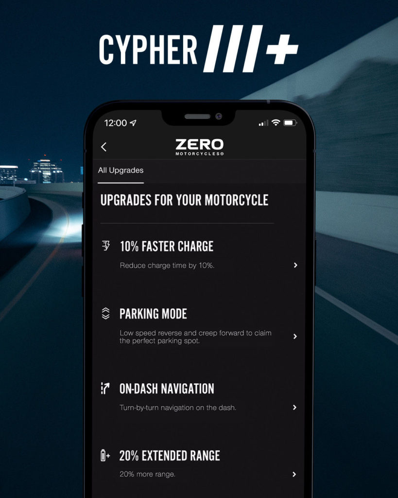 With the new Cypher III+ operating system and the Cypher Store, owners  of Zero Motorcycles can now order performance upgrades on demand and download them to their motorcycle via their smart phone.  Photo courtesy Zero Motorcycles.