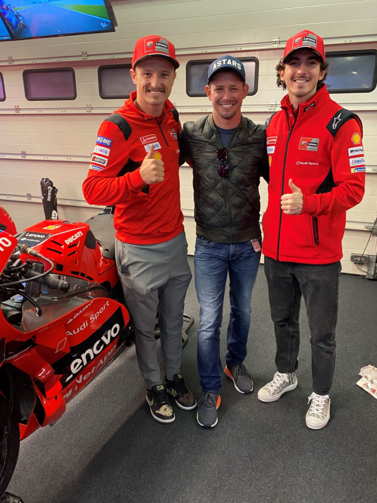 Jack Miller (left), Casey Stoner (center), and Francesco Bagnaia (right) in Portugal. Photo courtesy Dorna.