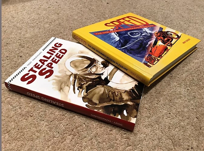 Roadracing World MotoGP Editor Mat Oxley's book bundle includes Speed: The One Genuinely Modern Pleasure and the graphic novel Stealing Speed. Photo courtesy MatOxley.com.