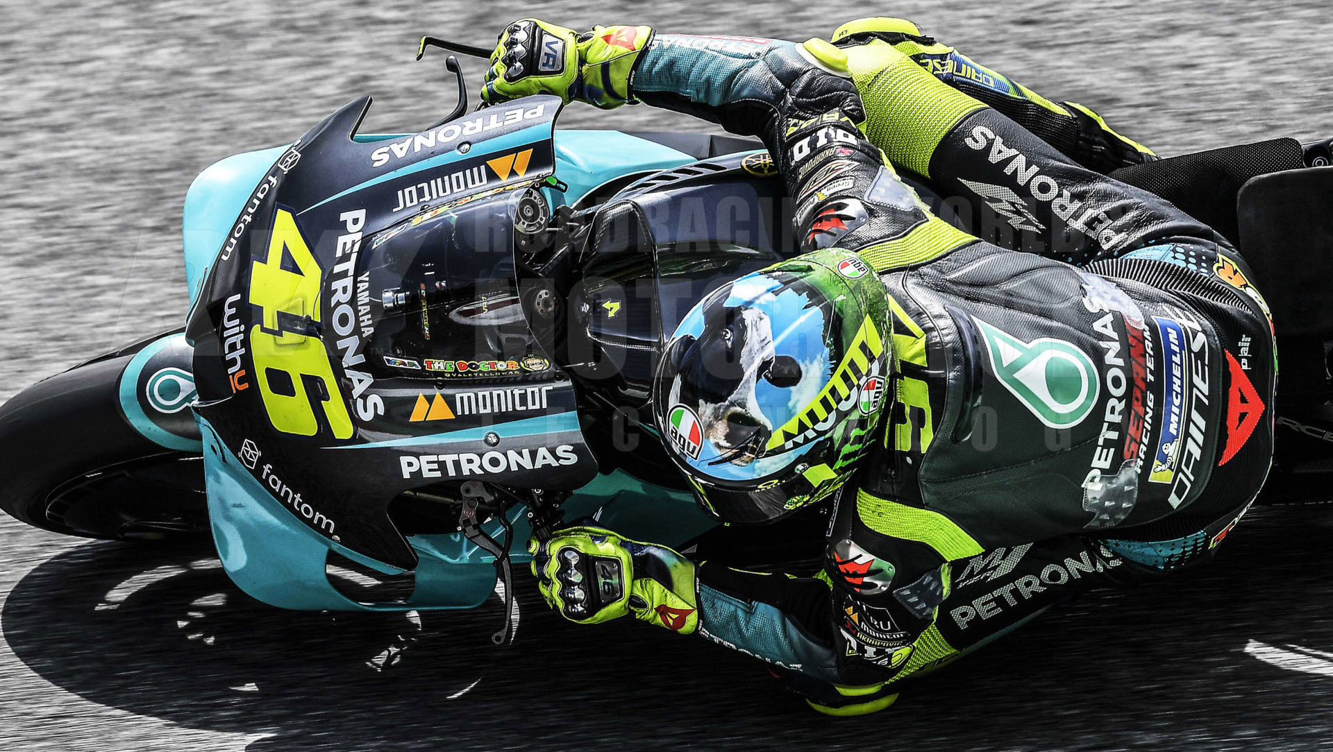 Valentino Rossi (46) aboard his Petronas Yamaha SRT Inline Four four-stroke YZR-M1 late in the 2021 MotoGP season, before his official retirement from being a professional motorcycle racer.