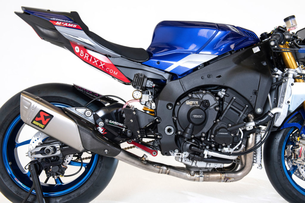 A Limited Edition Toprak Razgatlıoğlu Yamaha R1 World Championship Replica with bodywork removed showing the Akrapovic exhaust system and many of the other parts that have been added. Photo courtesy Yamaha Motor Europe.