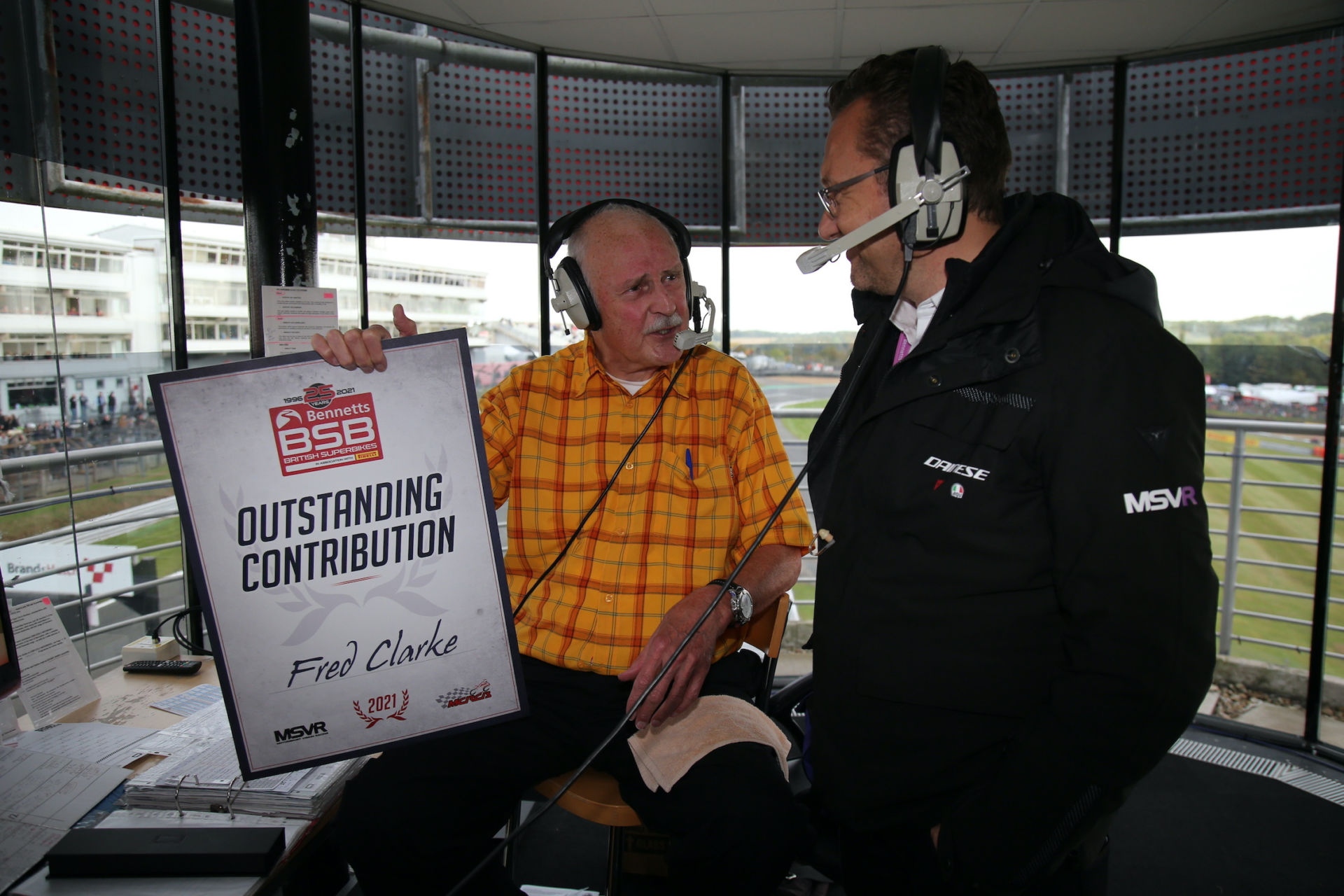 Fred Clarke (left) receives his 25-year Outstanding Contribution Award at Brands Hatch in October from Bennetts BSB Race and Series Director, Stuart Higgs (right). Photo by Double Red, courtesy Cartersport Media.