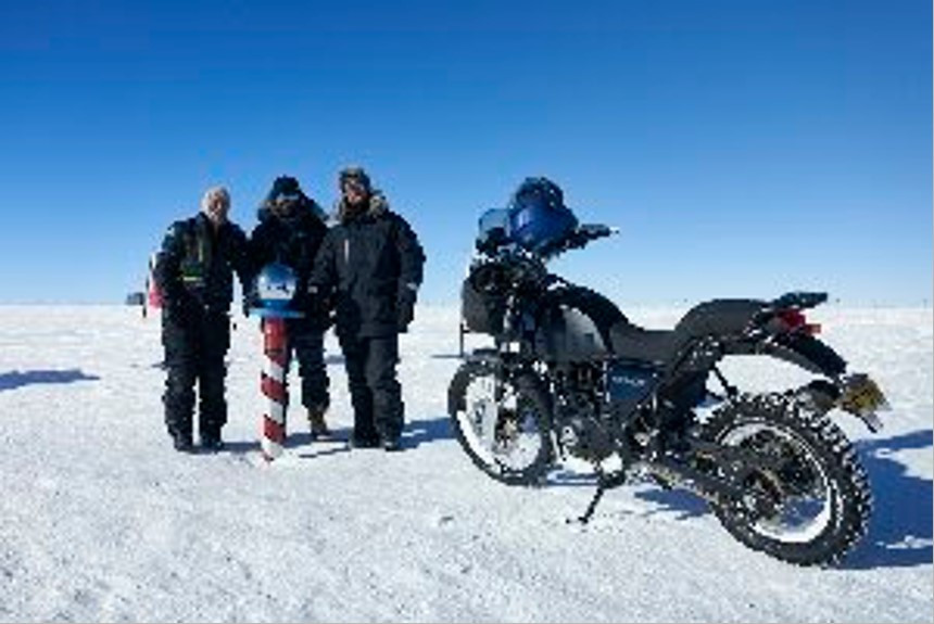The Royal Enfield Himalayans and crew arrived at the geographic South Pole on December 16, 2021. The team is in communication via satellite phone, hence the low-resolution image. Photo courtesy Royal Enfield.