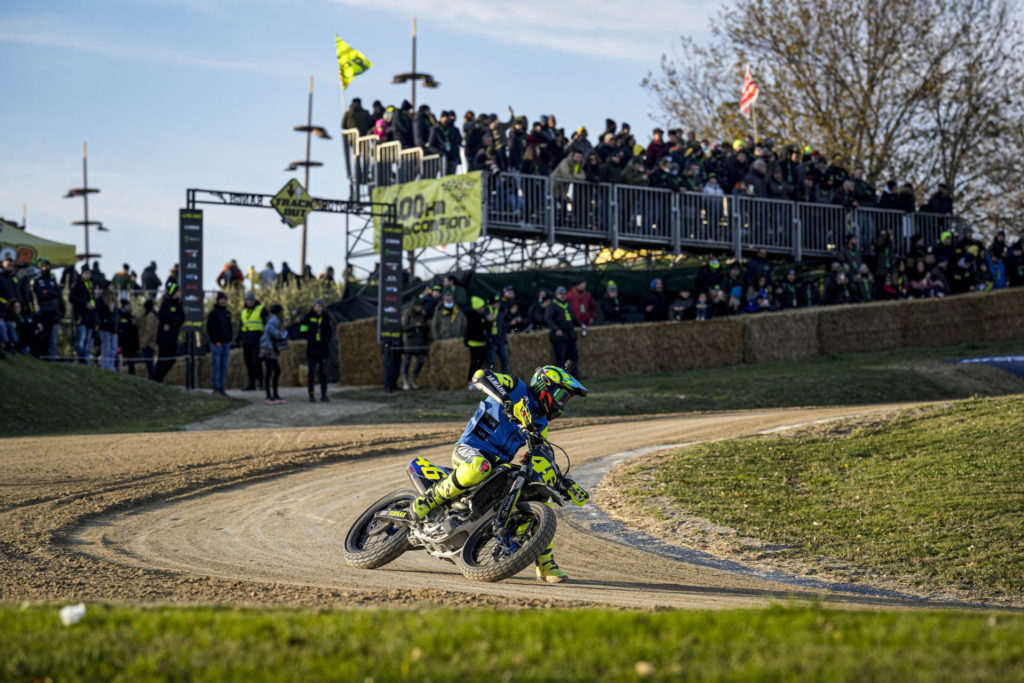 Valentino Rossi (46) at speed in front of fans at his private MotoRanch in Italy. Photo courtesy VR46 Racing.