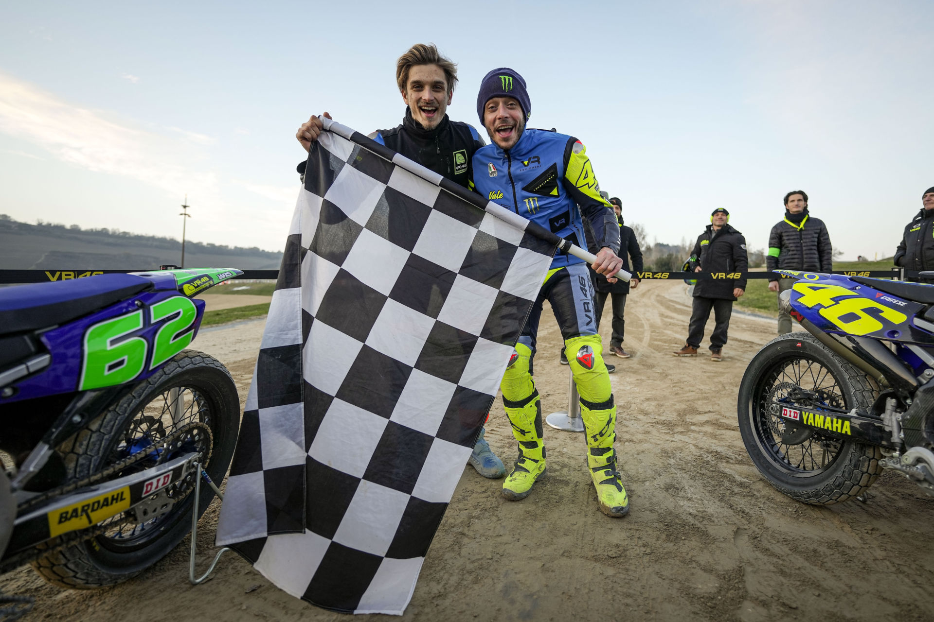 Valentino Rossi (right) and his half-brother Luca Marini (left) after winning the 100km of Champions at Rossi's MotoRanch in Italy. Photo courtesy VR46 Racing.