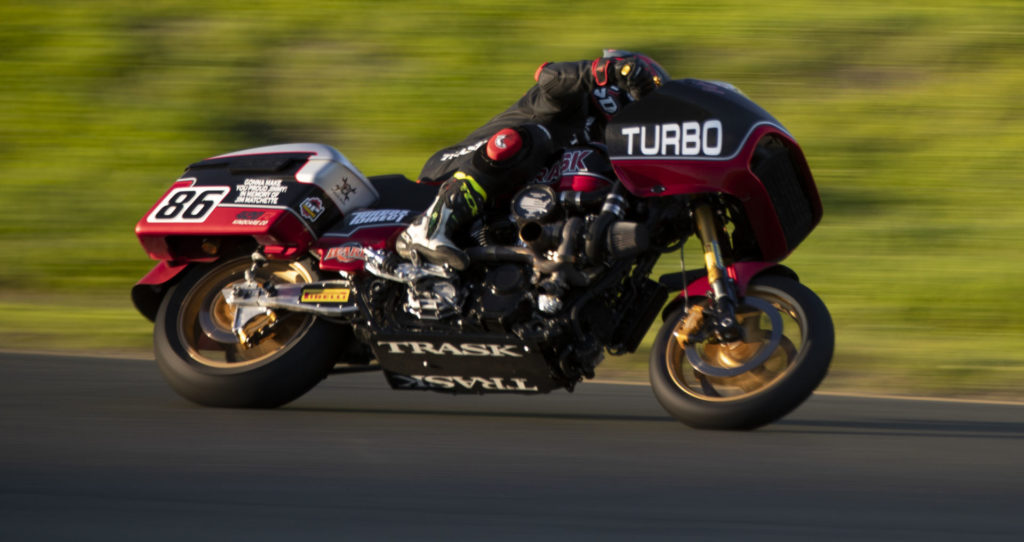 Shane Narbonne (86) at speed on the Trask Performance Harley-Davidson at Sonoma Raceway. Photo courtesy Trask Performance.