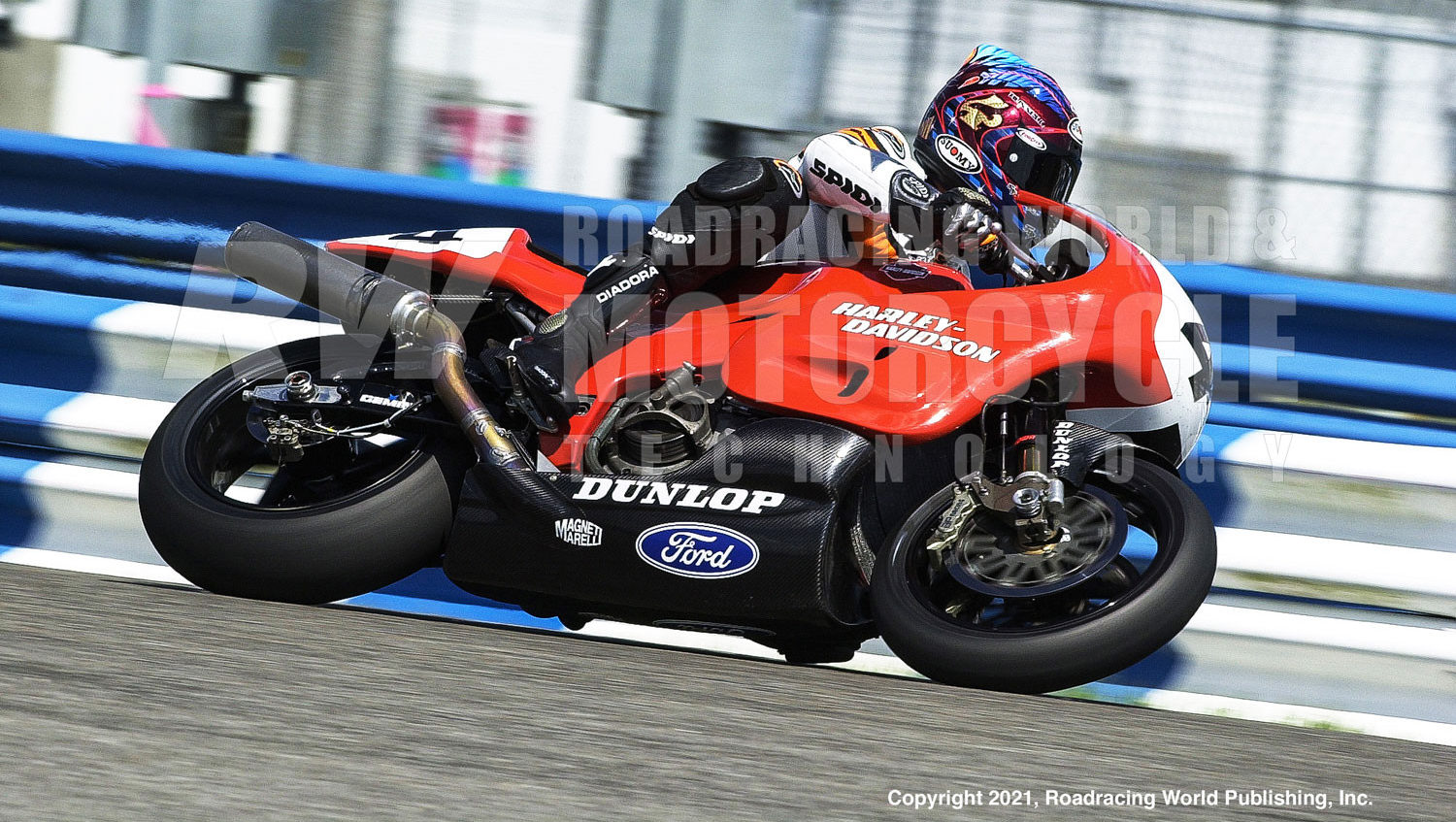 Scott Russell on a factory Harley-Davidson VR1000 Superbike at Daytona International Speedway. Photo by Brian J. Nelson.