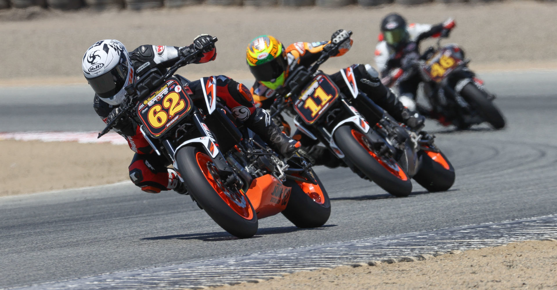 Andy DiBrino (62) leads eventual race winner Chris Fillmore (11) in last year's RSD Super Hooligan round at WeatherTech Raceway Laguna Seca. Photo by Brian J. Nelson, courtesy MotoAmerica.