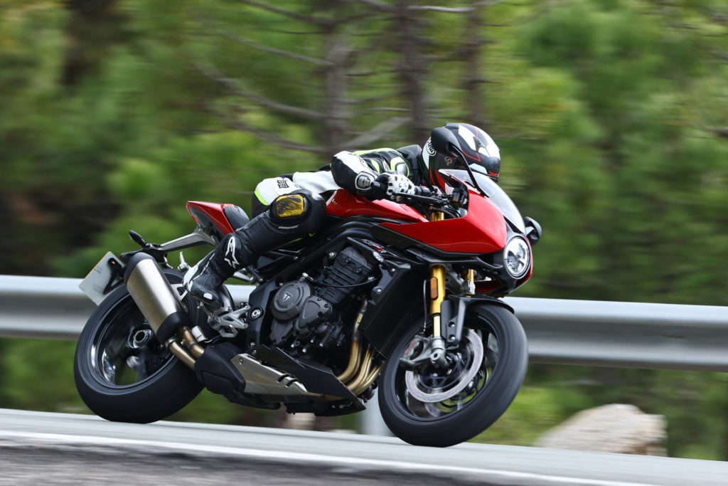 The 2022 Triumph Speed Triple RR adds a sporting riding position and computer-controlled semi-active suspension to the highly capable Speed Triple RS chassis, engine and brakes. Photo courtesy Triumph.