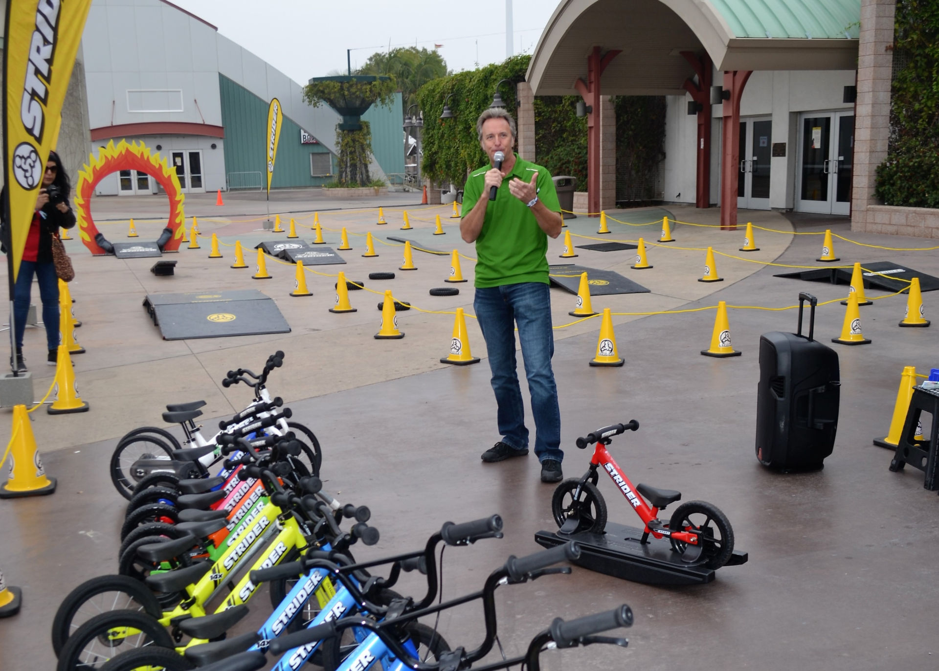 Ryan McFarland, founder and CEO of Strider and AllKidsBike.org, giving a media presentation ahead of the IMS Outdoors show in Costa Mesa, California in 2021. Photo by David Swarts.