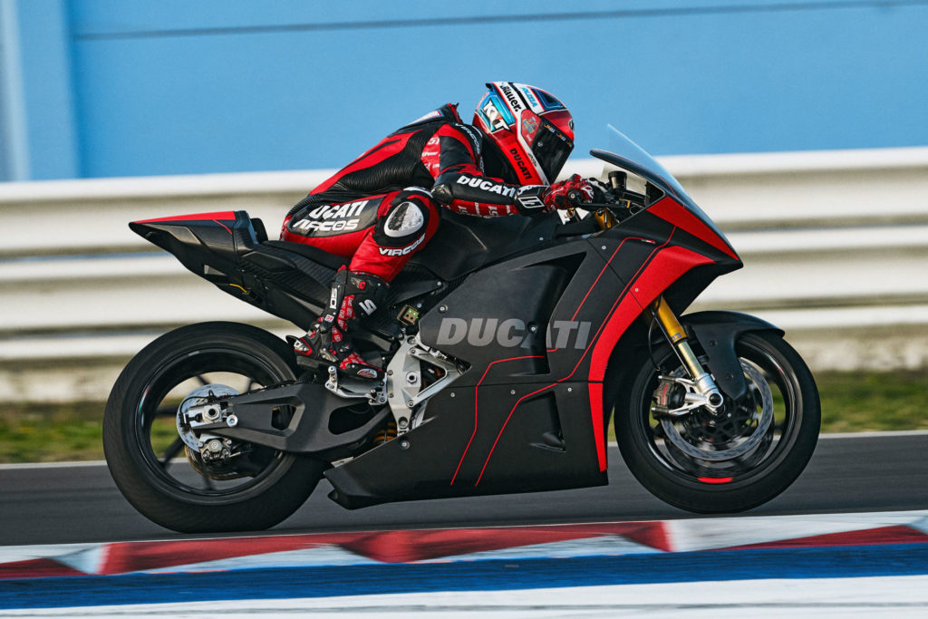 Test rider Michele Pirro at speed on Ducati's prototype electric racebike at Misano. Photo courtesy Ducati.