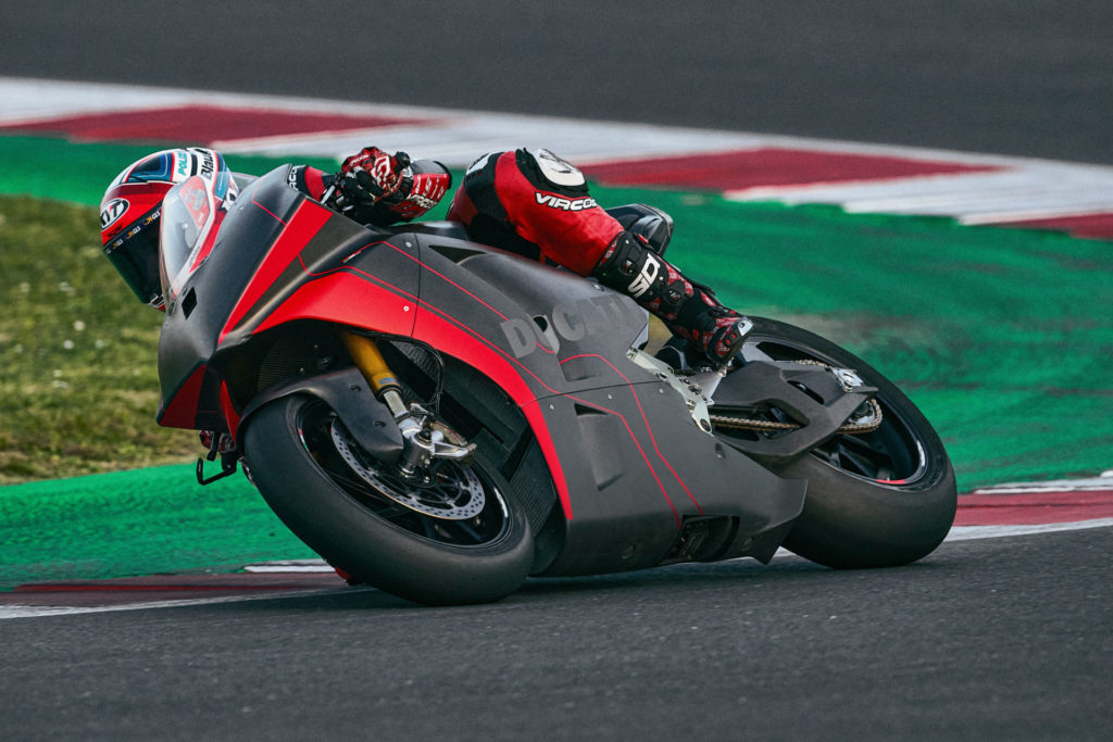 Test rider Michele Pirro at speed on Ducati's prototype electric racebike at Misano. Photo courtesy Ducati.