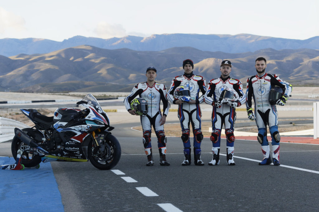 The 2022 BMW Motorrad World Endurance Team (from left): Kenny Foray, Markus Reiterberger, Jeremy Guarnoni, and Ilya Mikhalchik. Photo courtesy BMW Motorrad Motorsport.