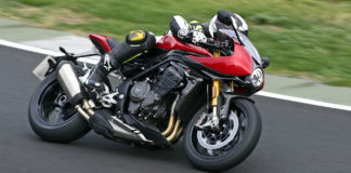 While the Triumph Speed Triple RR is designed for street use, its power (and the usability of that power), and its stable but still nimble chassis, sophisticated suspension, and solid brakes mean that it is quite comfortable on a racetrack. Photo courtesy Triumph.