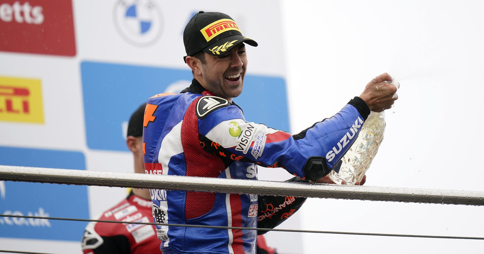 Gino Rea on the British Superbike podium at Donington Park. Photo courtesy Team Suzuki Press Office.