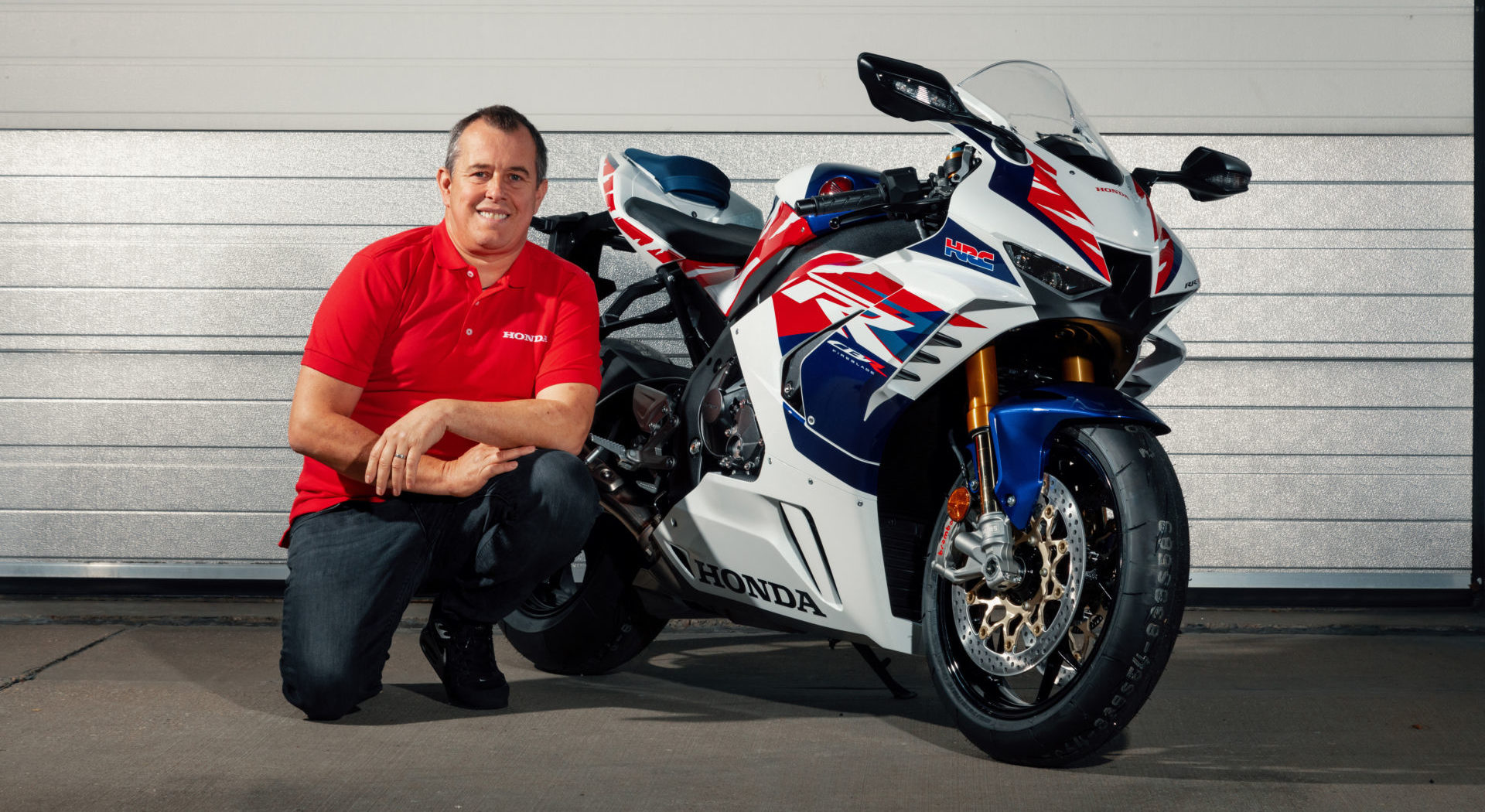 John McGuinness and a 30th Anniversary Honda CBR1000RR-R Fireblade SP. Photo courtesy Honda UK.