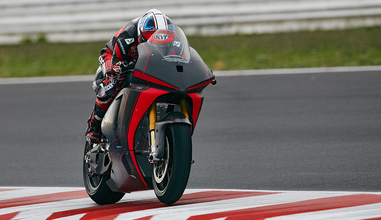 Test rider Michele Pirro at speed on Ducati's prototype electric racebike at Misano. Photo courtesy Ducati.