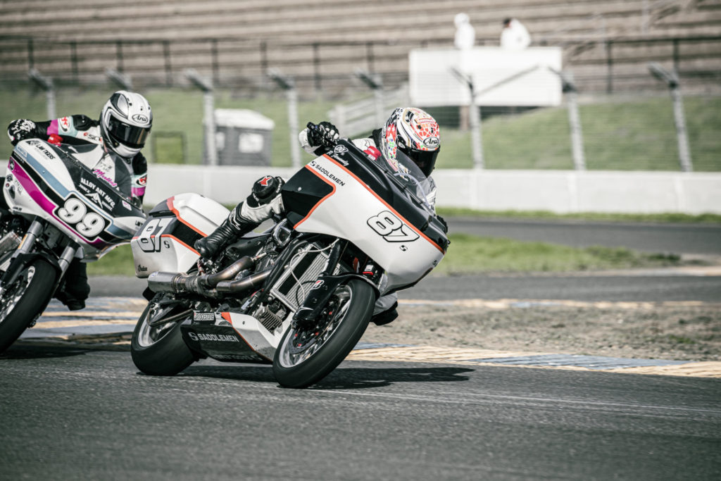 Patricia Fernandez (87) on her Team Saddleman Indian at Sonoma Raceway. Photo courtesy Bridgestone.