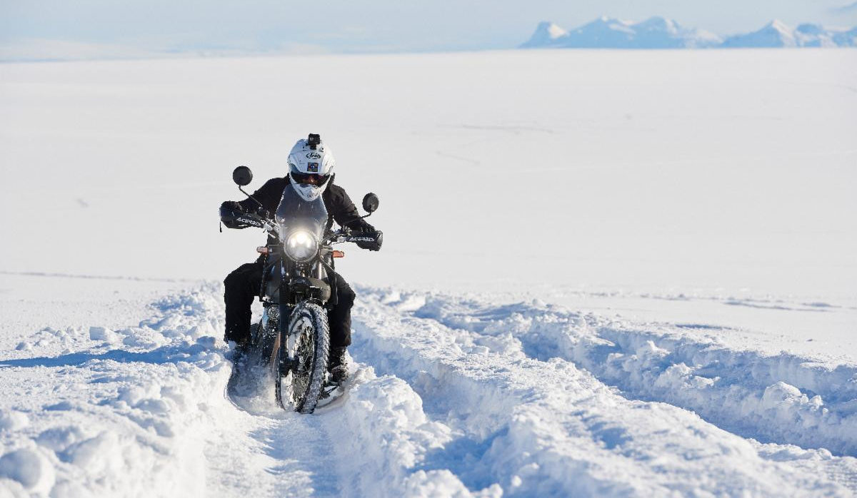 Two riders successfully trekked across Antarctica to the South Pole on Royal Enfield Himalayan motorcycles. Photo, taken during a testing phase in Iceland, courtesy Royal Enfield.