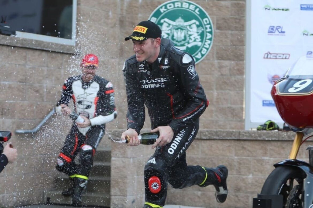 Shane Narbonne on the BRL Bagger GP podium at Sonoma Raceway. Photo courtesy Pirelli.