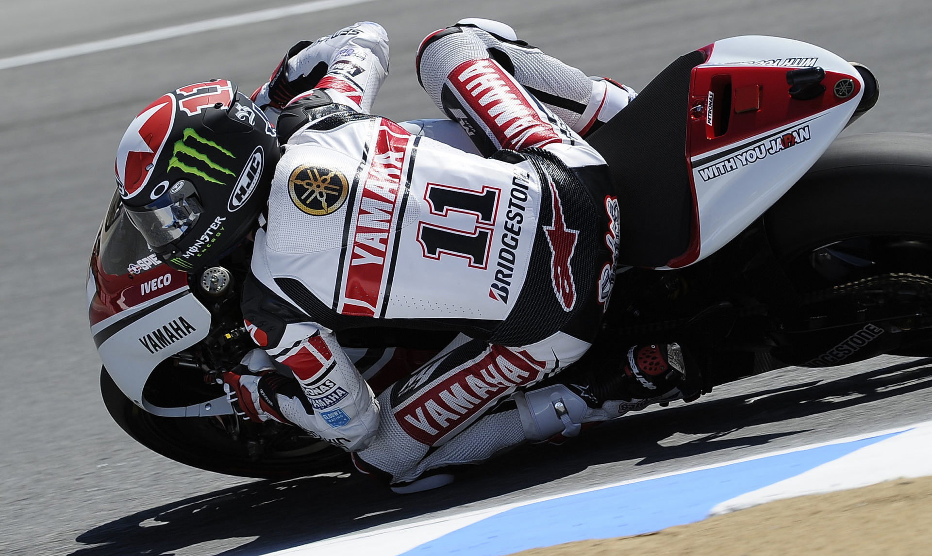 Ben Spies (11) on a factory Yamaha YZR-M1 MotoGP racebike in 2011. Photo courtesy Yamaha.