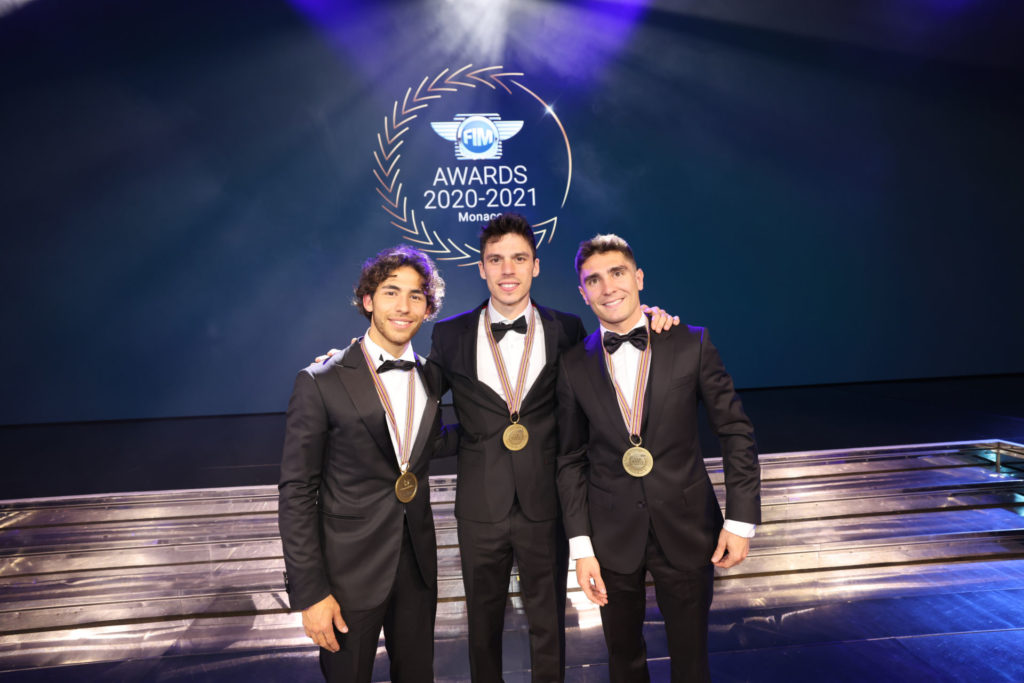 2020 MotoGP World Champion Joan Mir (center), 2020 Moto2 World Champion Enea Bastianini (left), and 2020 Moto3 World Champion Albert Arenas (right). Photo by Goodshoot, courtesy Dorna.